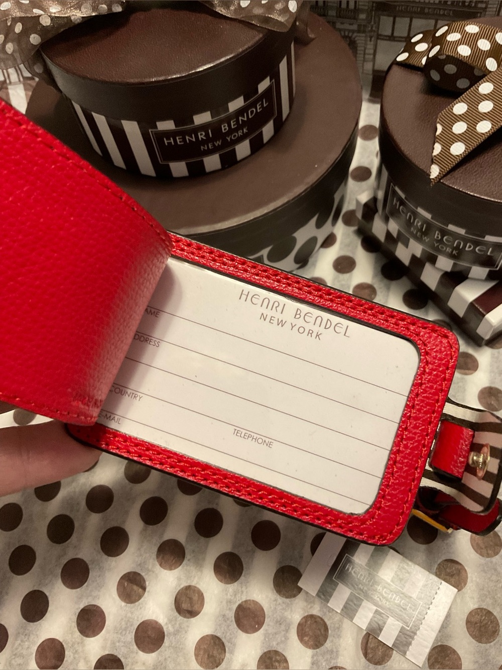 Henri Bendel West 57th Blocked Pattern Bag/Luggage Tag Red w Centennial Stripes - Picture 8 of 12